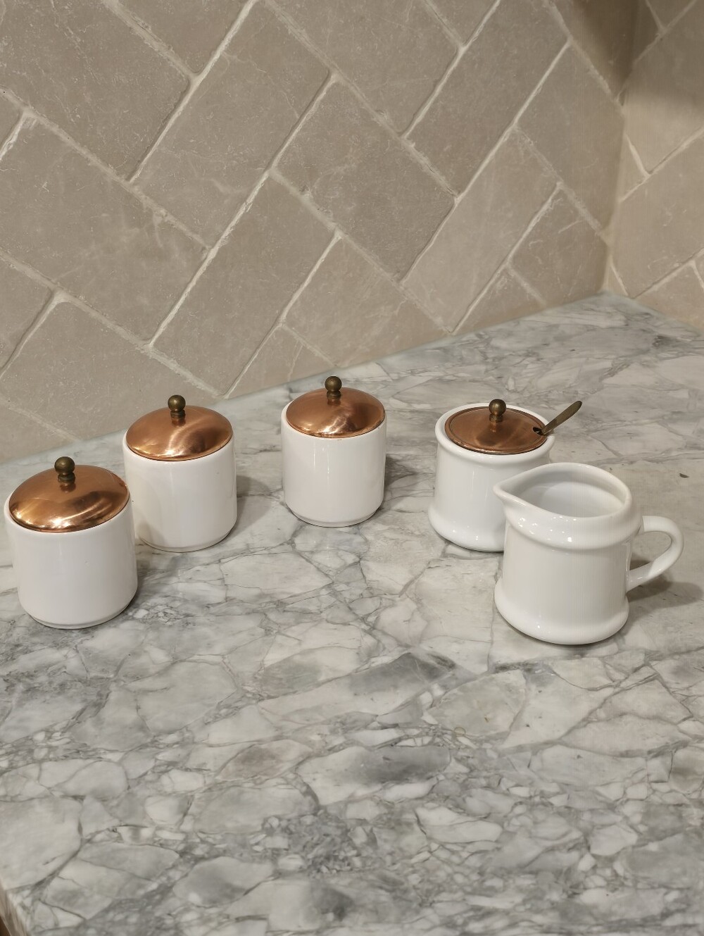 Vintage Himark Portugal White Ceramic Spice Jars w/ Copper Lids Creamer Sugar